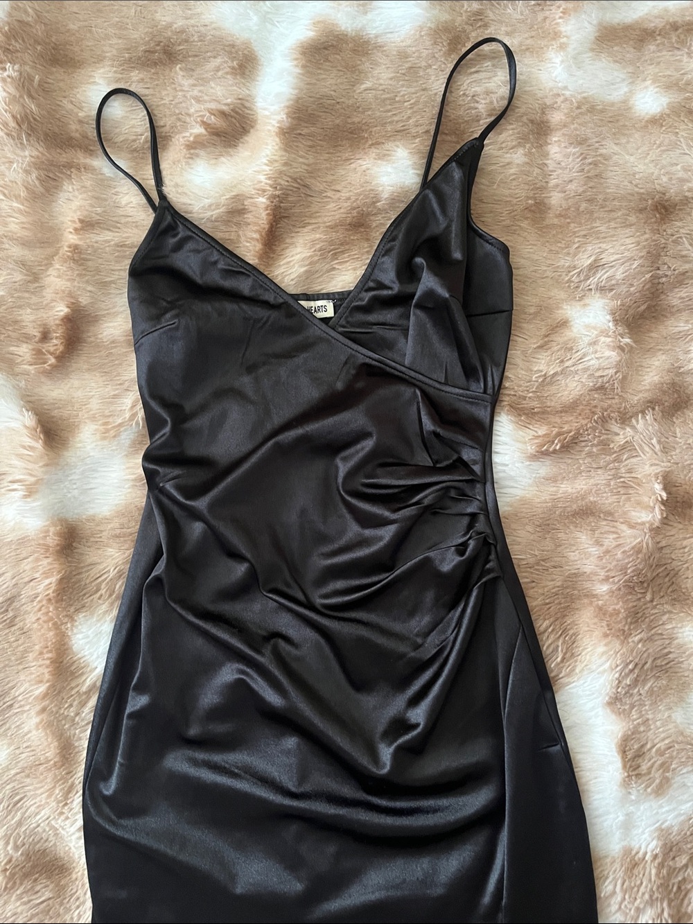 Inspired Hearts Black Satin Mini Dress with Side Ruching - Picture 4 of 5
